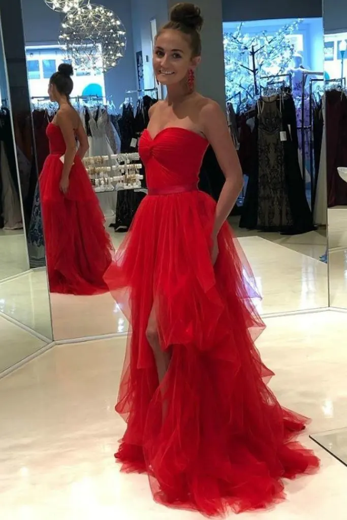 Muito elegante vestidos de baile longo sem alças sem mangas dividir tule babados a linha feminino formal festa de formatura vestidos