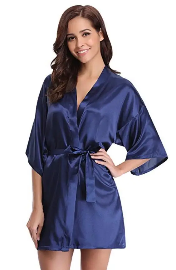 Albornoz Kimono de seda para mujer, bata de dama de honor de seda, Sexy, azul marino, bata de satén, vestidos para damas, nuevo