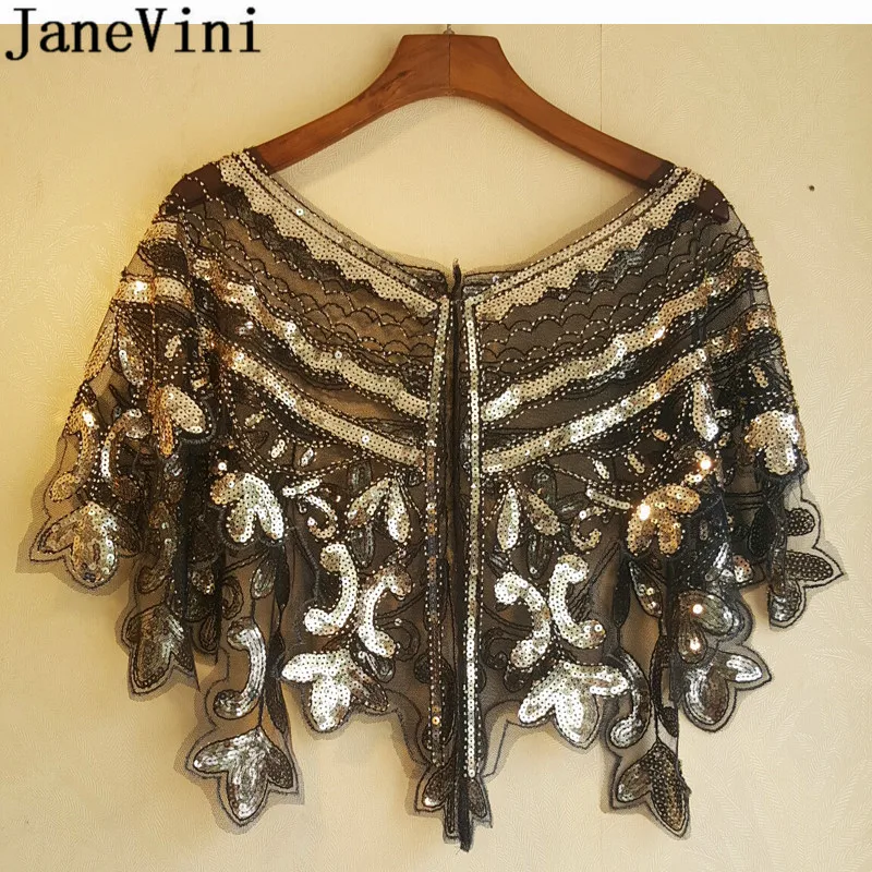 JaneVini Luxury Beaded Gold Black Bolero Capes Bling Sequins Wedding Scarf Bridal Wrap Summer Coat Jacket mantello sposa 2020