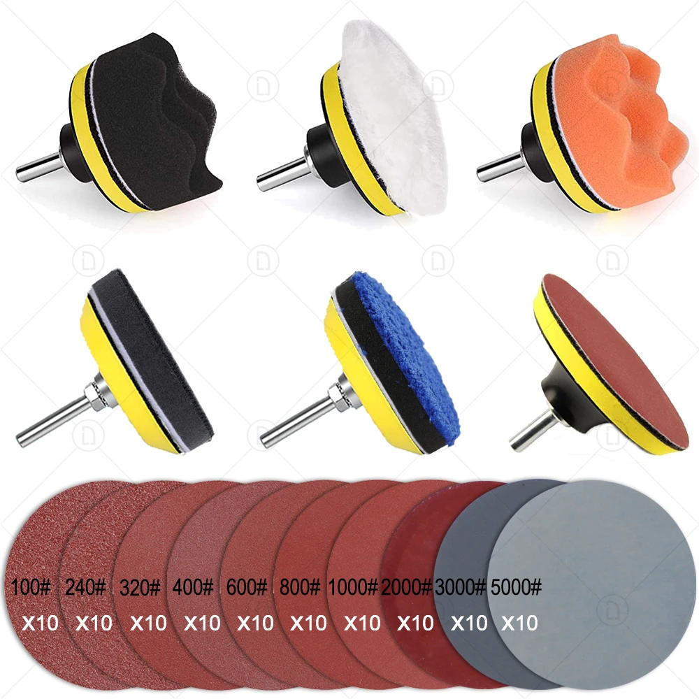 3Inch Self-Adhesive Pad Sandpaper Car Polishing Disc Buffing Waxing Sponge Kit Headlight Wheel Repair For Polisher Drill Adapter