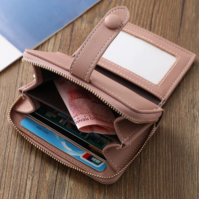 بولي Leather جلد صغير المرأة المحفظة حاملي بطاقات متعددة حقيبة المال سعة كبيرة طوي مخلب موضة غلق بمشبك سستة محفظة للعملة #6