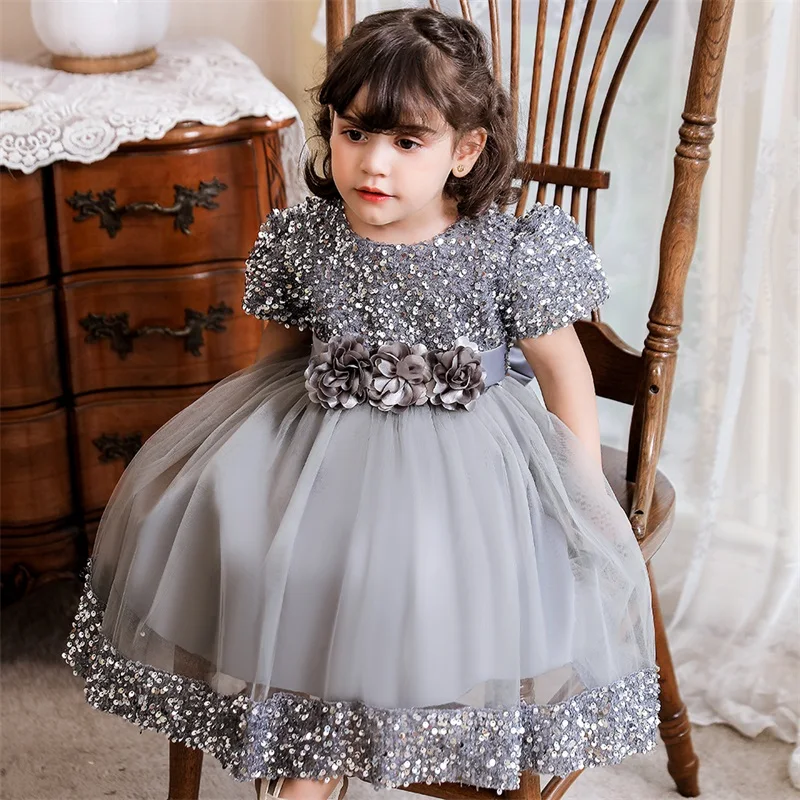 Baby Girl Baptism Newborn Green Sequin Big Bow Flower Toddler Party Summer Dress Kids Christening Children Princess Ball Gown