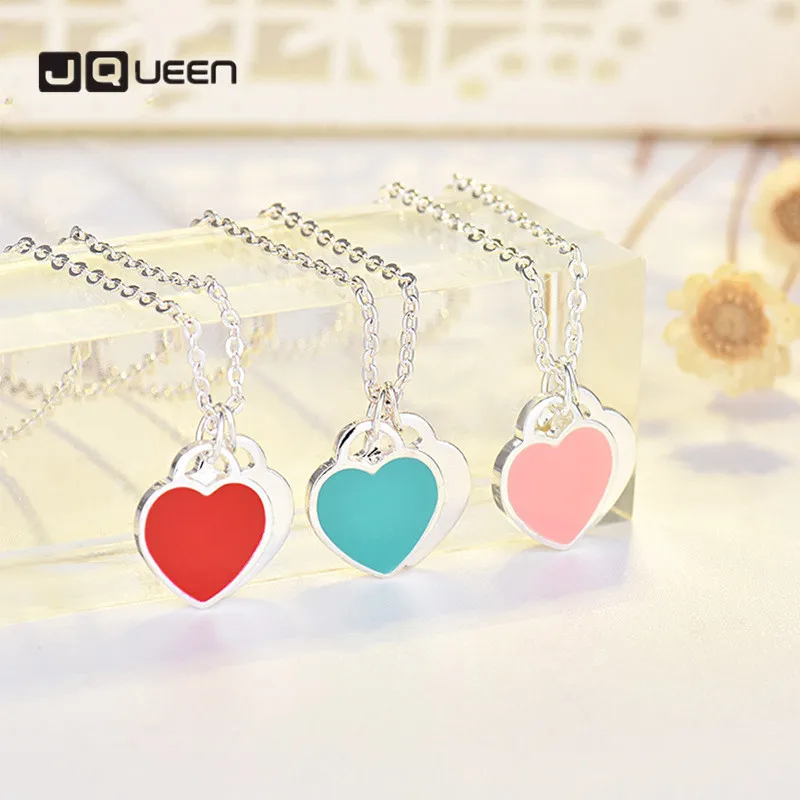 Love Drop Oil Enamel Red Blue Pink Three-color Heart-shaped Necklace Pendant Women\'s Girl Clavicle Chain