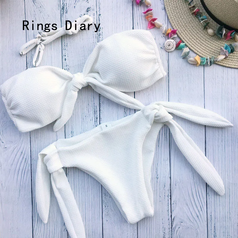 

Rings Diary Western Style Solid Color Tie A Knot Fission Women's Swimwear Sandbeach Bowknot Halter Strappy Sexy Bikini Swimwear