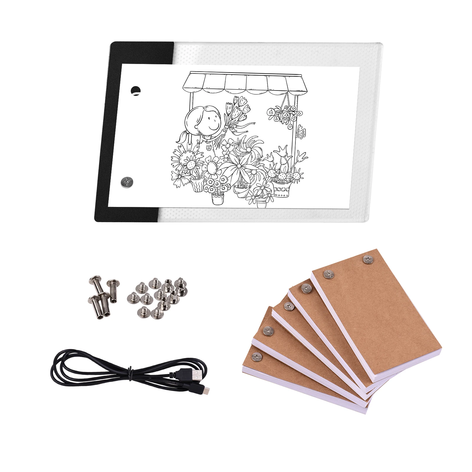 Kit De Flip Book 130 * 130mm Avec Mini Light Pad Led Lightbox Tablet Avec Trou 300 Feuilles Flipbook Papier Vis De Reliure Pour Le Tracage De Dessin Animatio