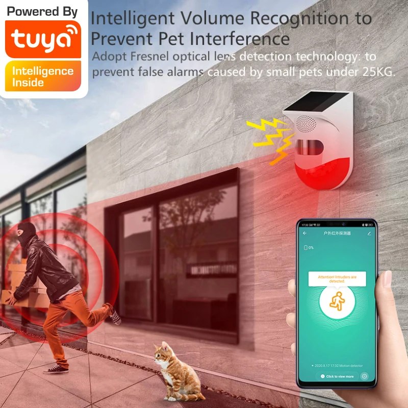 Tuya Wifi Solar Infrared Detector Outdoor waterproof PIR Sensor Built-in rechargeable battery Built-in buzzer 120dB Smart life