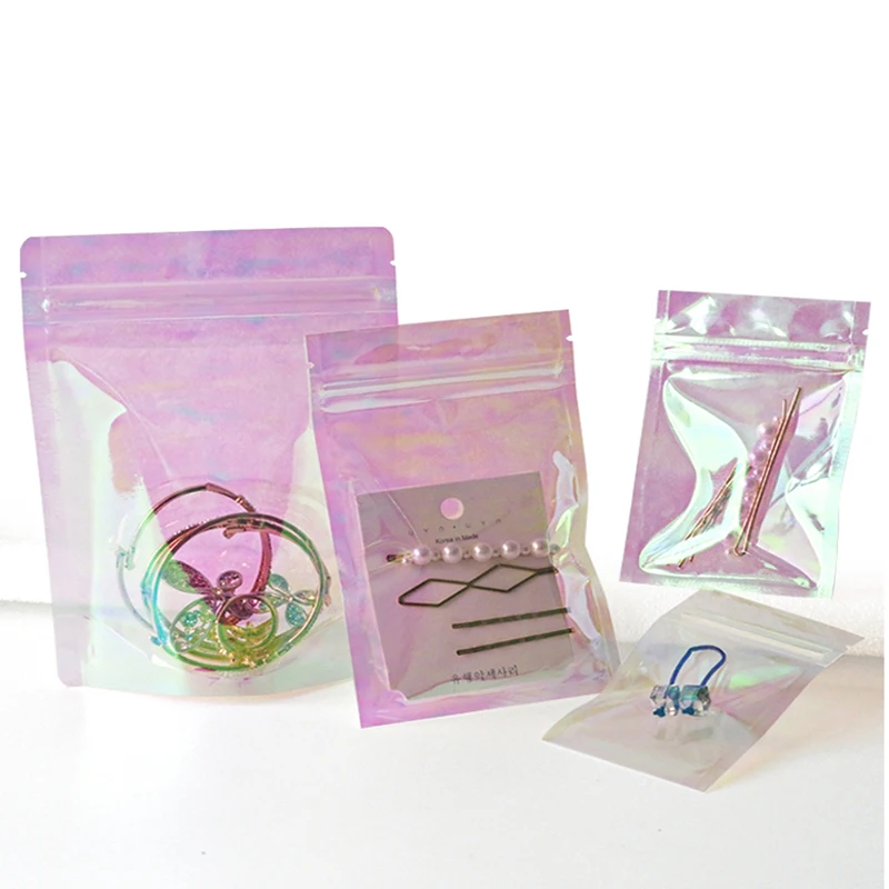 

100pcs Pink Stand Up Holographic Zipper Packaging Bag Flat Pouches Small Laser Zip Lock Plastic Bags for Cosmetic Jewelry