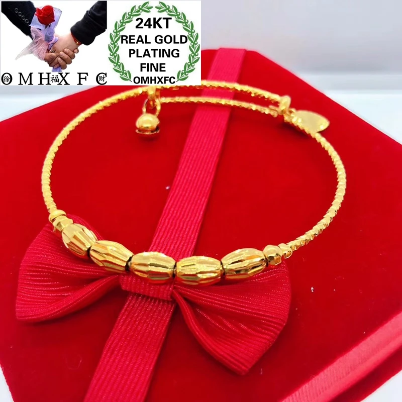 OMHXFC Wholesale YM213 European Fashion Hot Fine Woman Girl Party Birthday Wedding Gift Oval Beads Pull-Push 24KT Gold Bangle