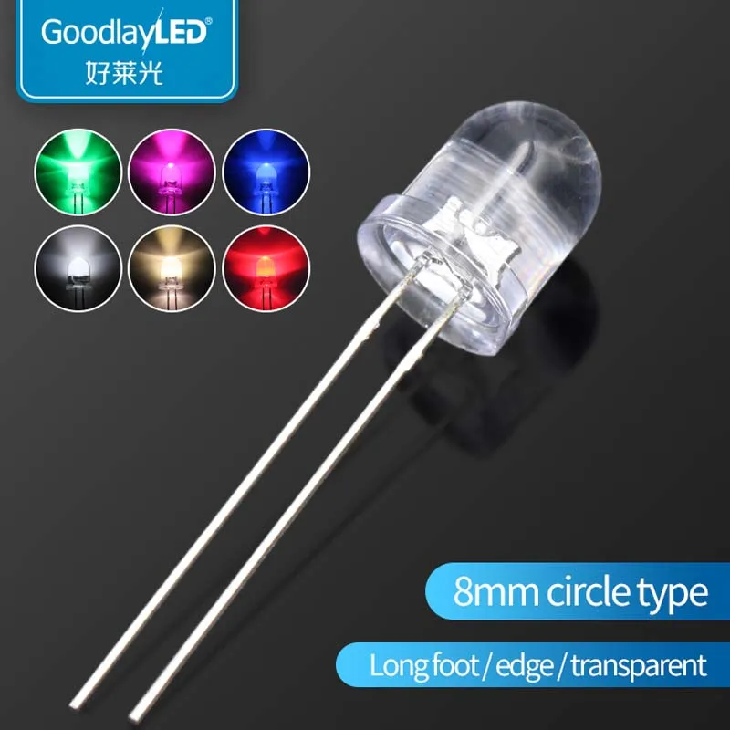 1000PCS Led F8 / 8mm Round Head transparent long leg edge white red blue green yellow Light Emitting Diode