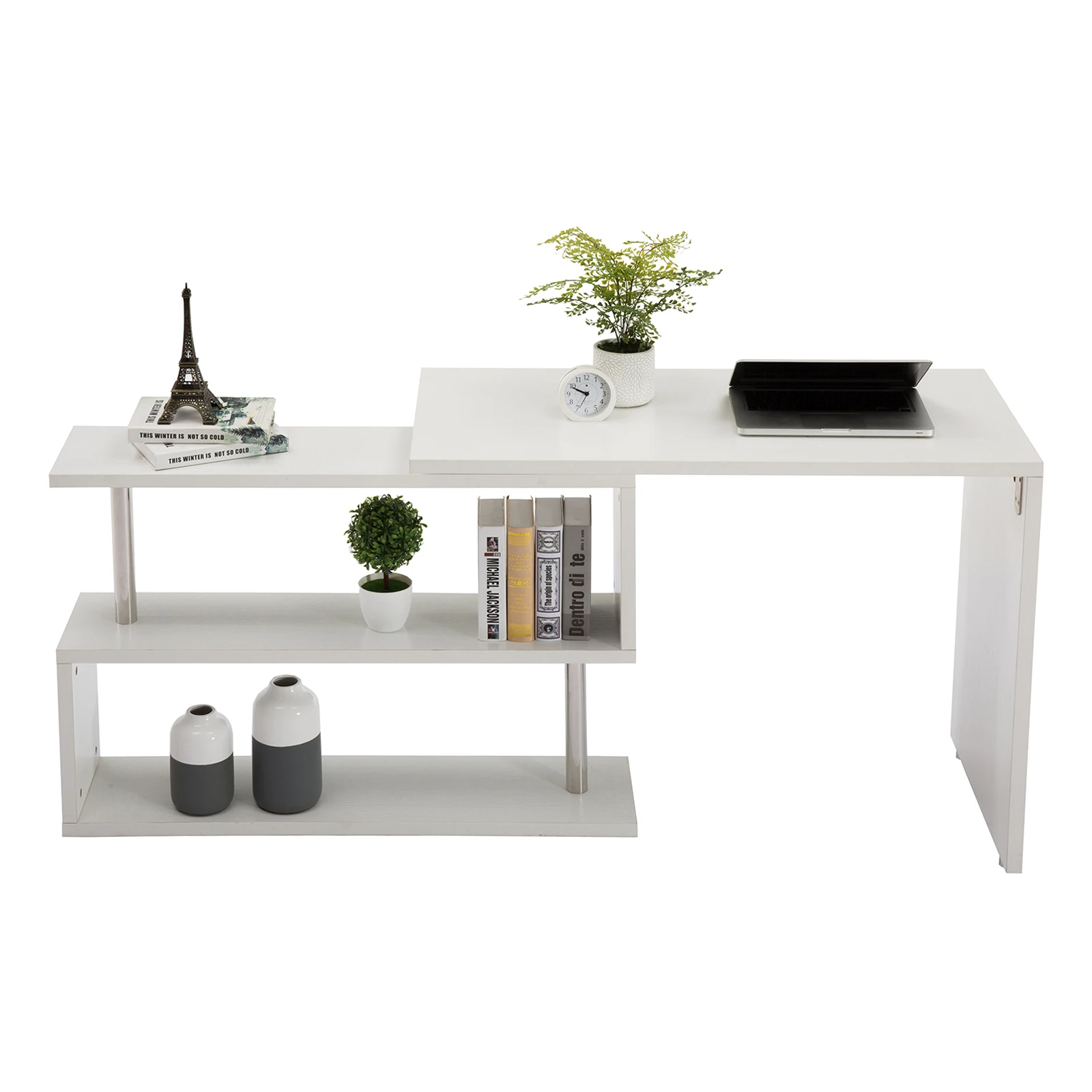 L-Shaped Corner Computer Desk PC Laptop Table Study Workstation with 2-Tier 360 Degree Rotatable Storage Shelf White[US-Depot]