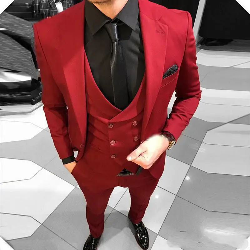 

2020 Men's Red Notched Lapel Wedding Suits Evening Party Prom Bridegroom Slim Fit Casual Best Man Tuxedos(Jackets+Pants+Vest)