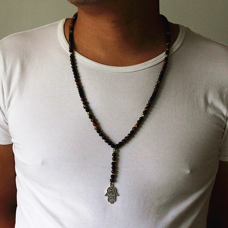 Unique Man\'s necklace with 6mm Natural stone beads and Hamsa Pendant Necklace Dropshipping