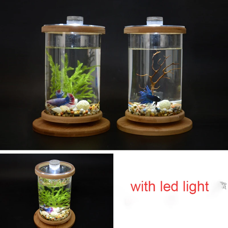 360 Degree Rotating Glass Betta Fish Tank Bamboo Base Mini Fish Tank Decoration Rotate Fish Bowl Aquarium Accessories