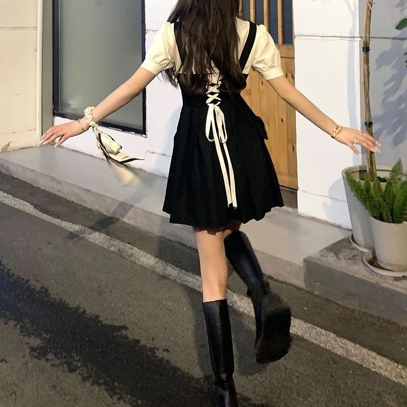 Short Sleeve Dress Women Summer Puff-sleeve Mini Trendy Korean Style Holiday Streetwear Sundress Girls Cute Simple All-match New