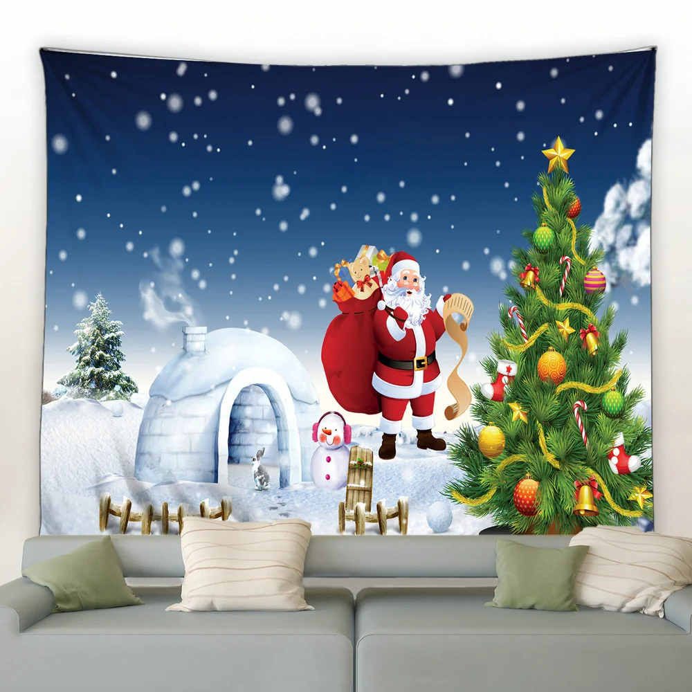 Merry Christmas Tapestry Santa Claus Snowman Xmas Background Wall Hanging Blanket Holiday Decoration Home Wall Cloth Multi-Size