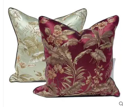 

wine/light green color barque pillow case gold leaves jacquard cushion cover