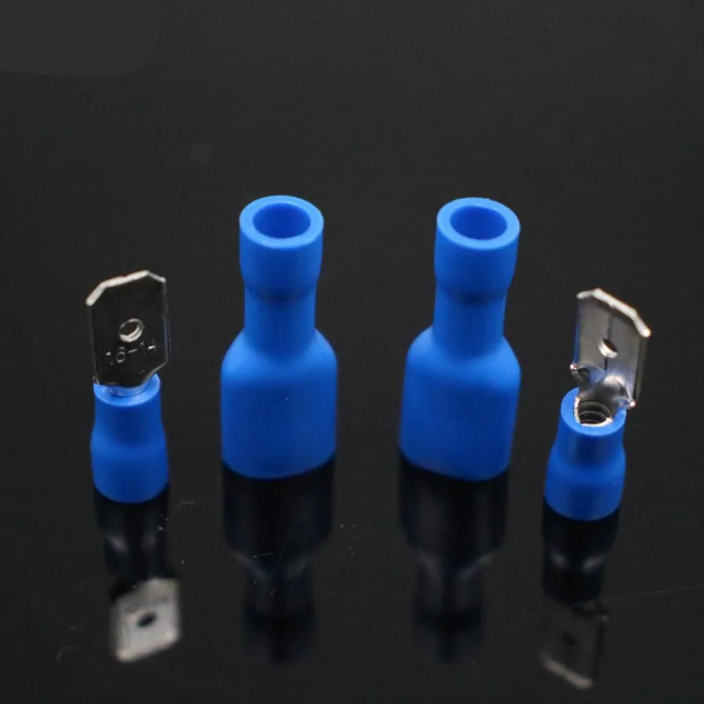 

100pcs 50pairs 6.3mm 16-14AWG Female Male Electrical Wiring Connector Insulated Crimp Terminal Spade Blue FDFD2-250 MDD2-250