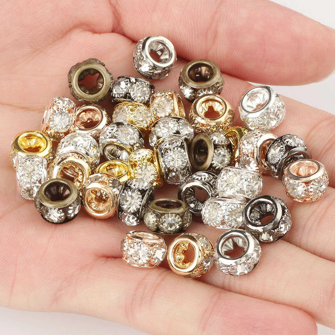 8/10mm Rose Gold Plated Rhinestone Crystal Flat Round Loose Spacer Beads for Jewelry Making DIY Bracelet Charms Accessories