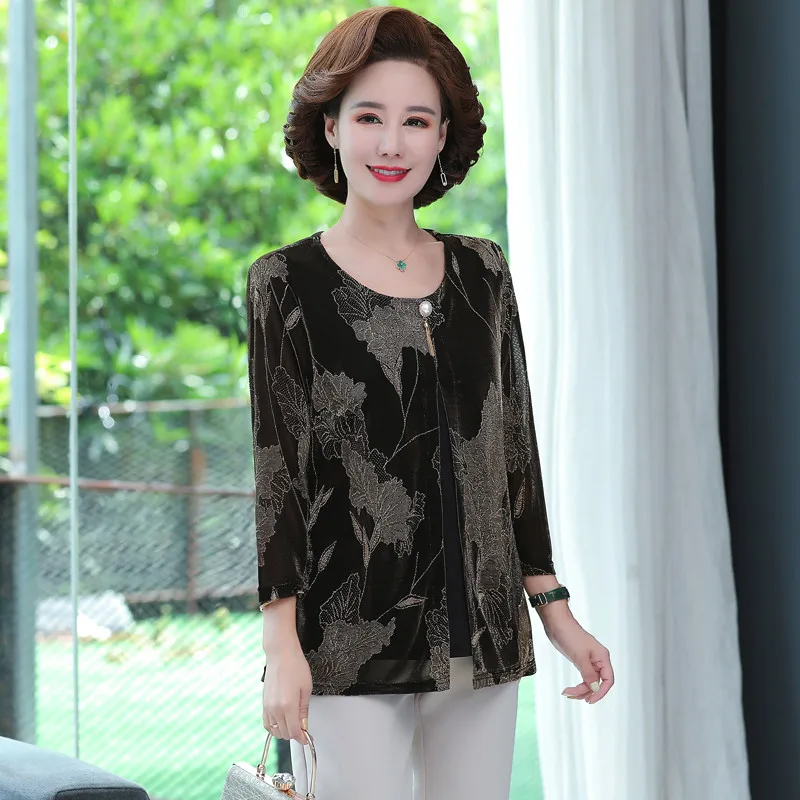 Fake Two Pieces Long Sleeve Tshirt Tops For Women Pullover Spring New Middle Age Mother Clothing Gold jacquard Shirt