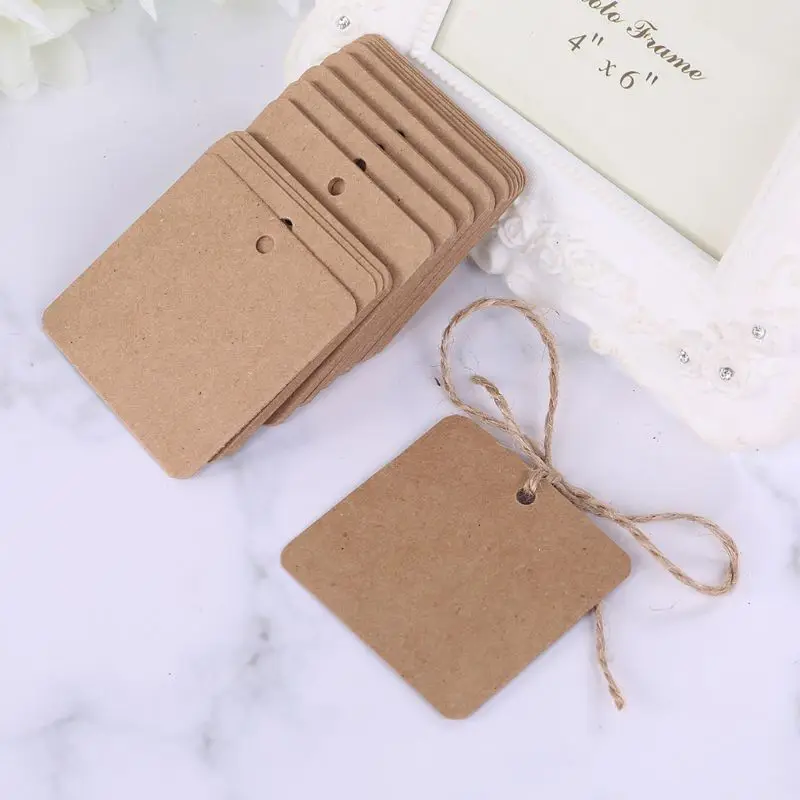 100pcs Blank Square Kraft Paper Gift Hang Tags Wedding Label Price Card Craft with 10m Natural Jute Twine image 4