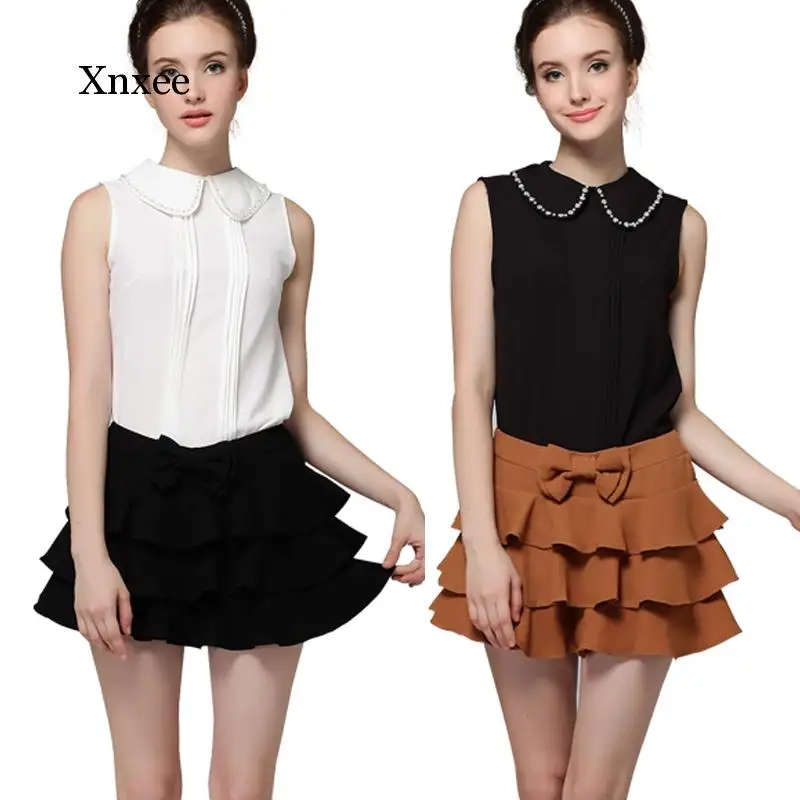 A-Line Bow Ruffles Mini Skirt Spring Summer Women Cute Solid High Waist Short Skirts Sweet Sexy Elegant Female Casual Clothing