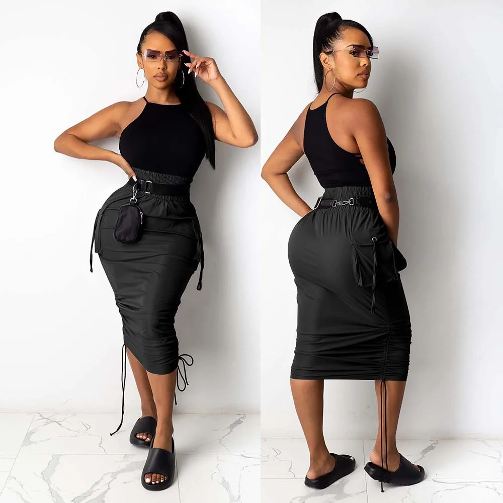 New 2022 Women High Waist Pocket Side String Draped Bodycon Midi Skirts for Streetwear Black White Skirt