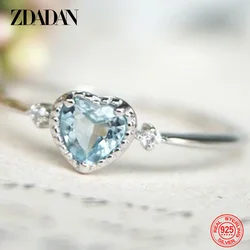 ZDADAN 925 Sterling Silver Charm Heart Shaped Aquamarine Ring For Women Fashion Engagement Jewelry Party Gift