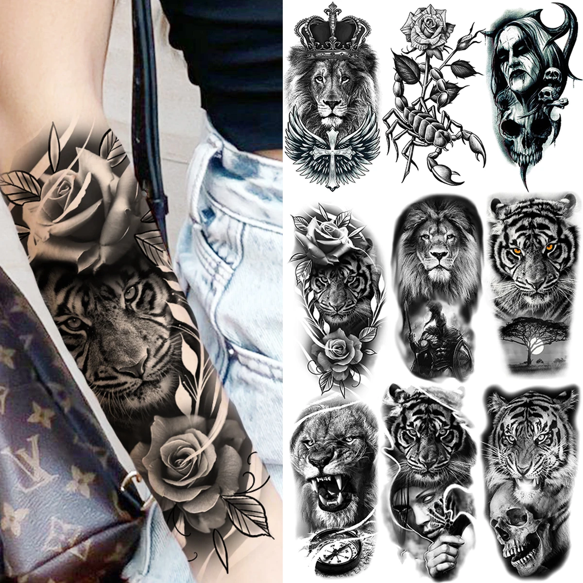 Tiger Flower Temporary Tattoos For Women Men Realistic Lion Scorpion Vampire Skull Compass Fake Tattoo Sticker Forearm Tatoos