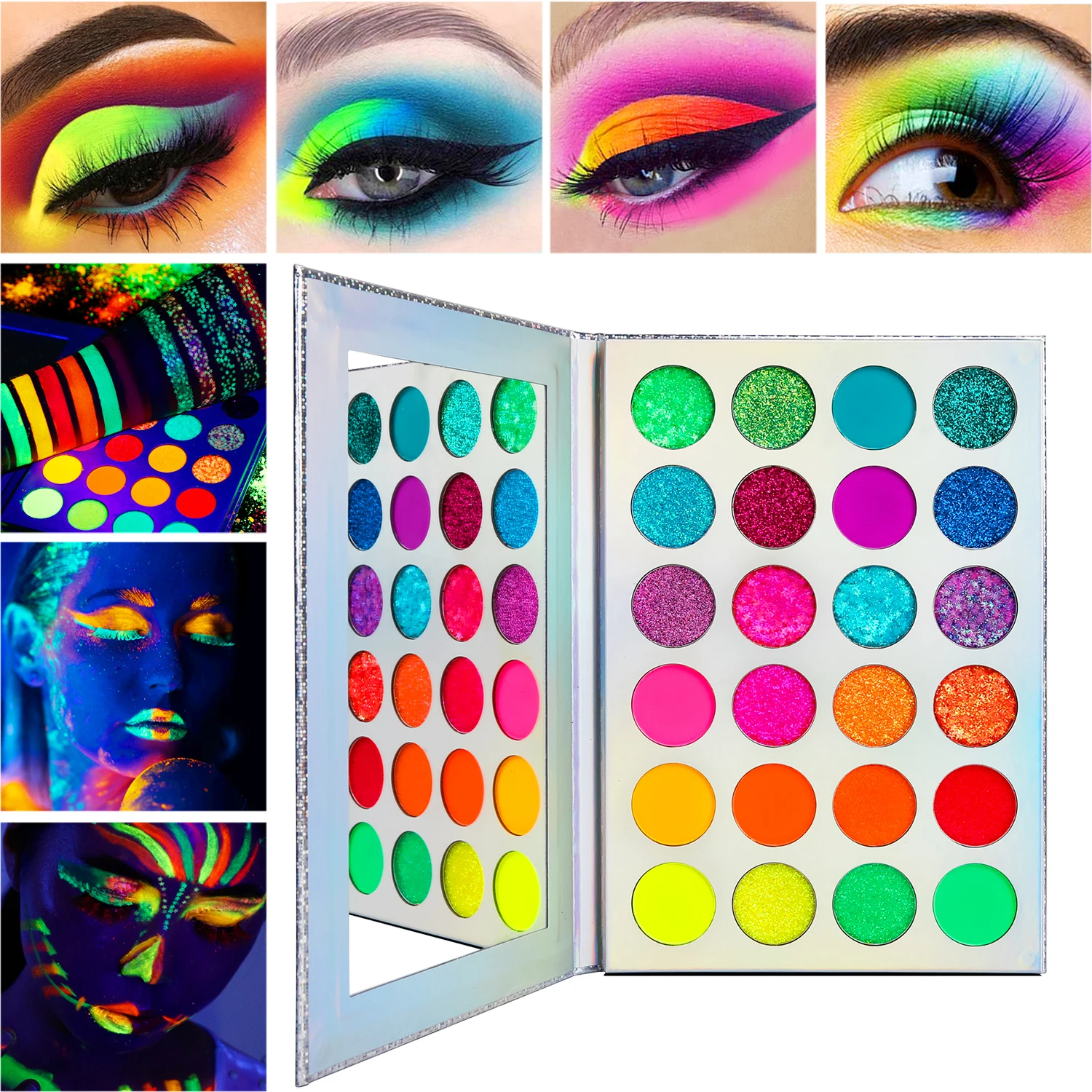 DE\'LANCI Aurora Glow Eyeshadow Pallet Stage Clubbing Neon Makeup Kit in Blacklight UV Glow in Dark Fluorescent Eye Shadows Red