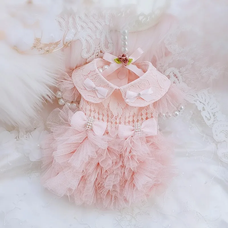 High-end Handmade Luxury Dog Clothes Pet Supplies Dress Pink Lace Ribbon Bow Peter Pan Collar Princess One Piece Tutu Holiday