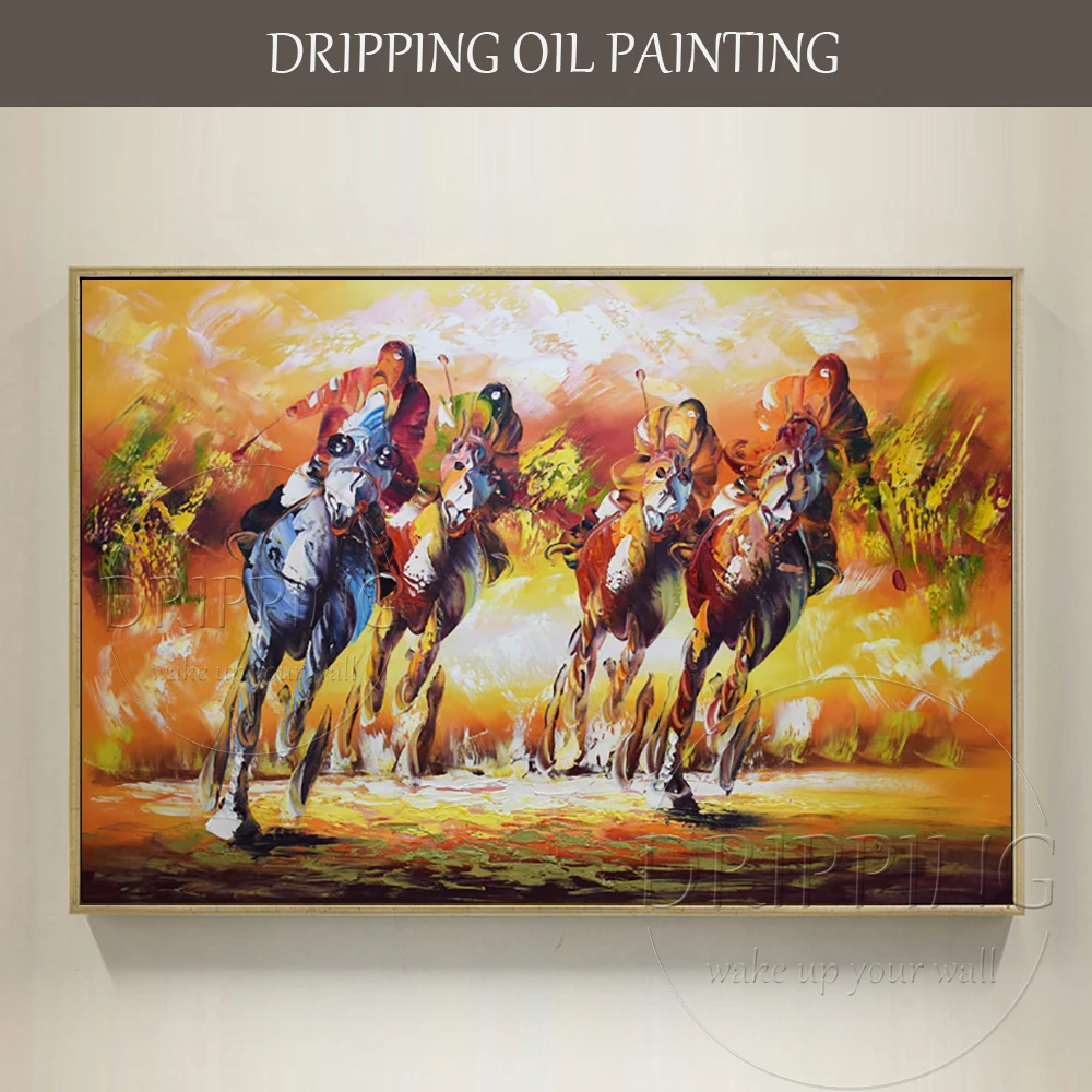 

Gifted Artist Hand-painted Abstract Polo Oil Painting on Canvas Handmade Colorful Horses Race Oil Painting for Wall Decoration