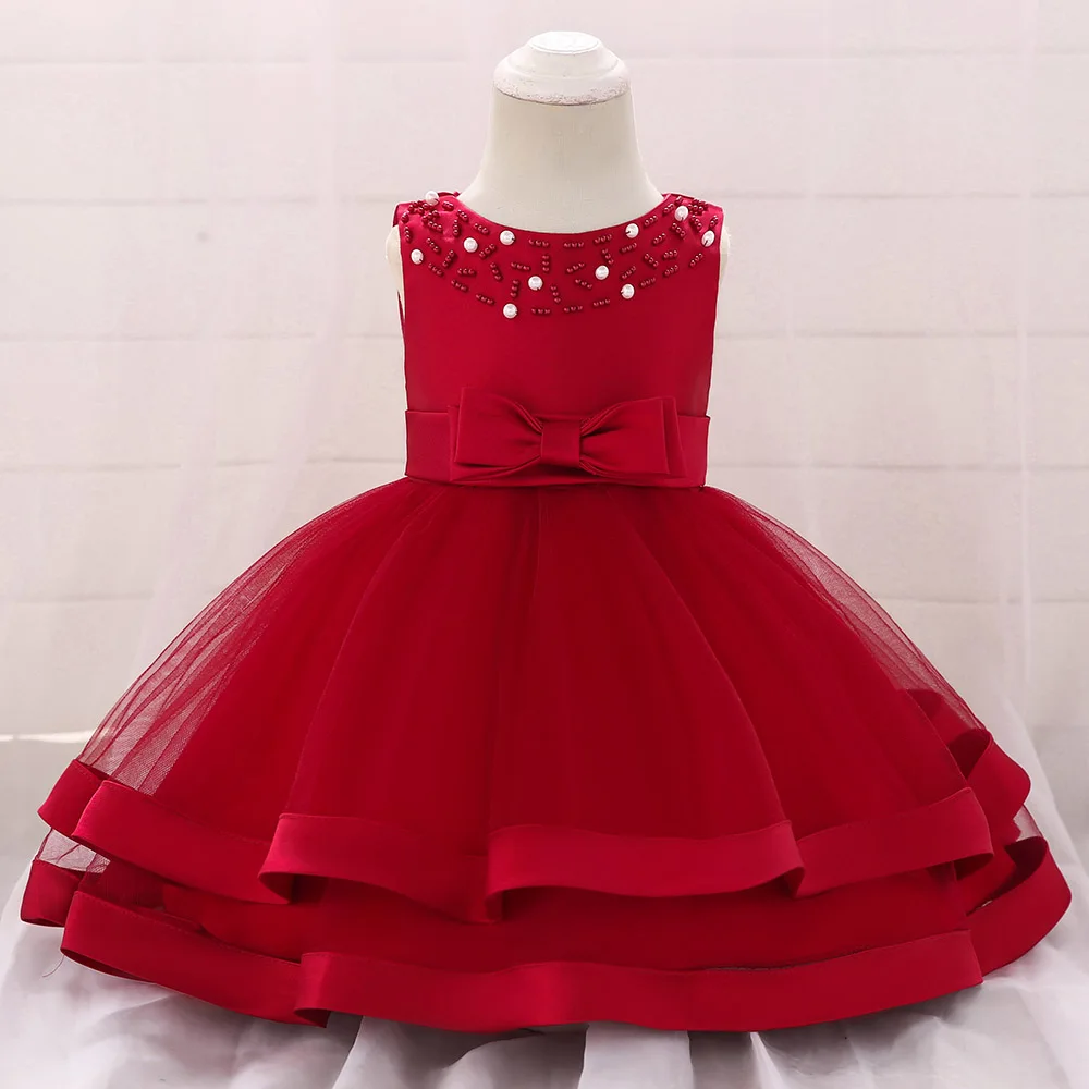 Kleinkind Perlen Taufe Prinzessin Kleid für Baby Mädchen Tüll Weiß Hochzeit 1. Geburtstag Schleife Party Kleider Taufe Kinder Kleidung