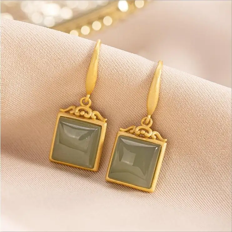 

SNew silver natural Hetian sapphire geometric earrings Xiangyun square Chinese retro temperament charm women brand jewelry