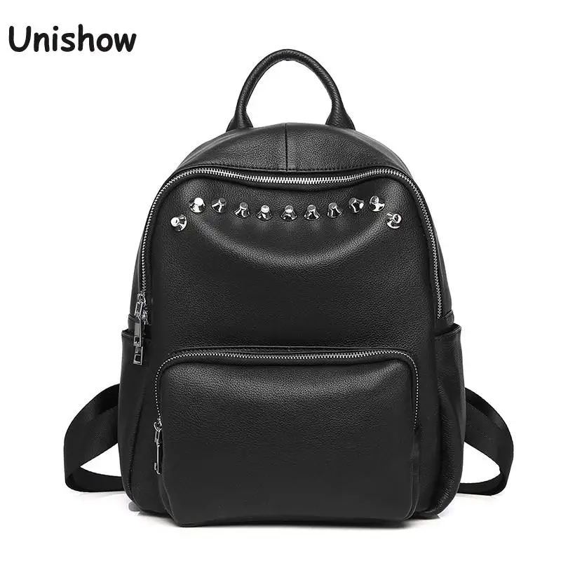 Rivet Genuine Leather Backpack Women 2024 Casual Lady Daily Back Pack Luxury Leather Lady Backpack Travel Bag Girl School Bag