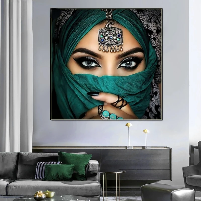 Big Eyes Green Veil Arab Woman Islamic Girl Canvas Print Pretty Figure Painting Posters Wall Art Pictures Living Room Home Decor