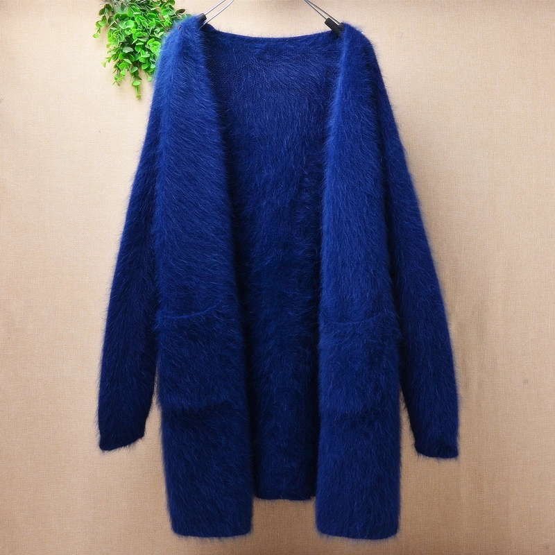 

fashion tops Female ladies 2020 medium-long loose soild Mink cashmere knitted Angora rabbit fur plush coat sweater cardigans