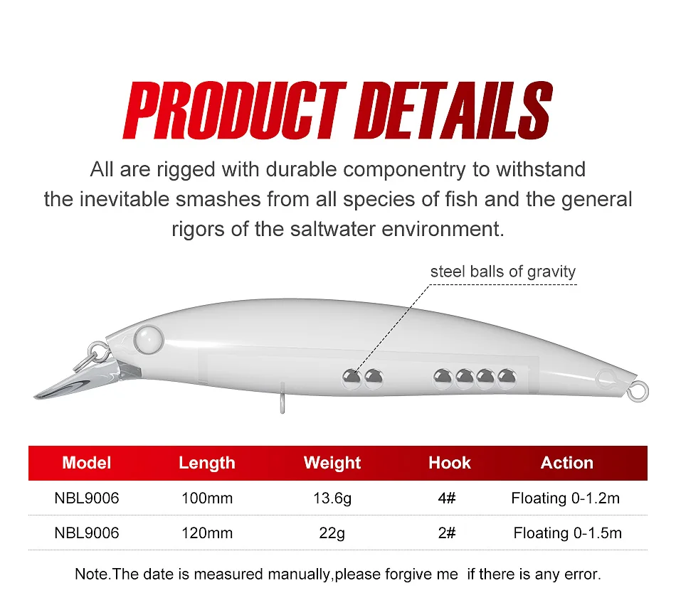 Noeby 3 Stück Jerkbait Floating Minnow Angelköder 100 mm 13,6 g 120 mm 22 g Long Cast Wobbler Kunstköder Meeresangelköder – Detail 3
