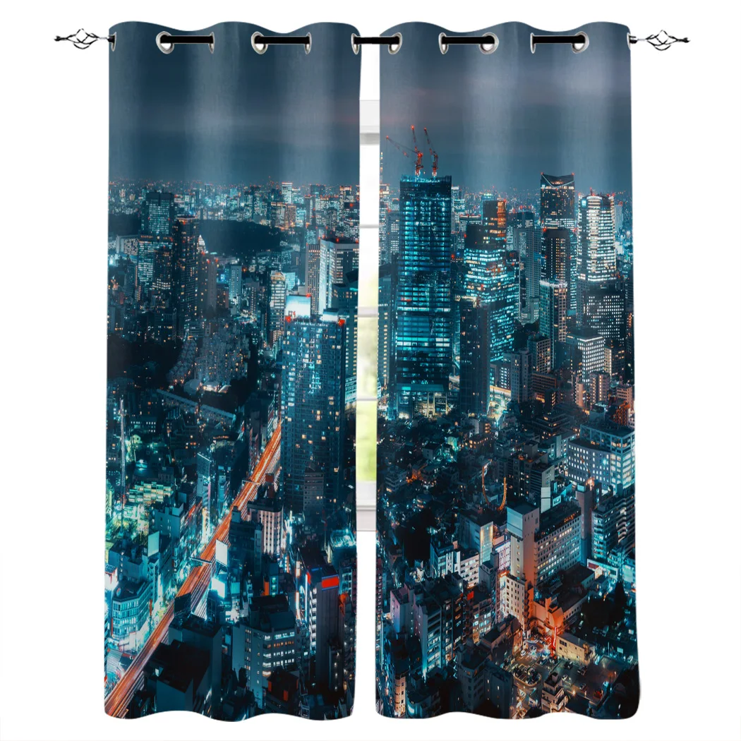 Blue Night View City Building Printed Window Curtains Living Room Bedroom Curtains Polyester Cloth Home Decor