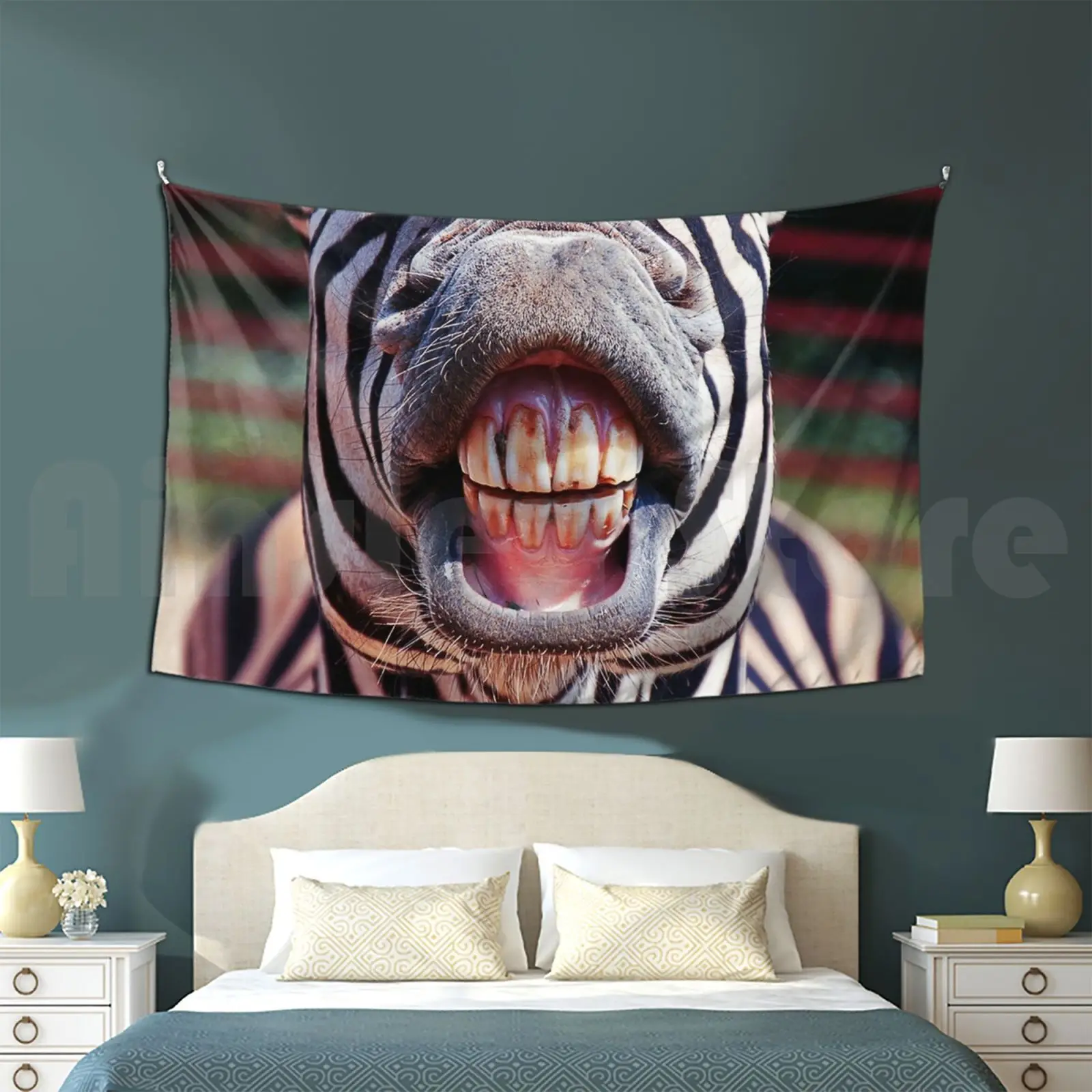 Tapestry Funny Zebra Horse Showing Teeth And Tongue Out Smile Close Up Face Covering Outside