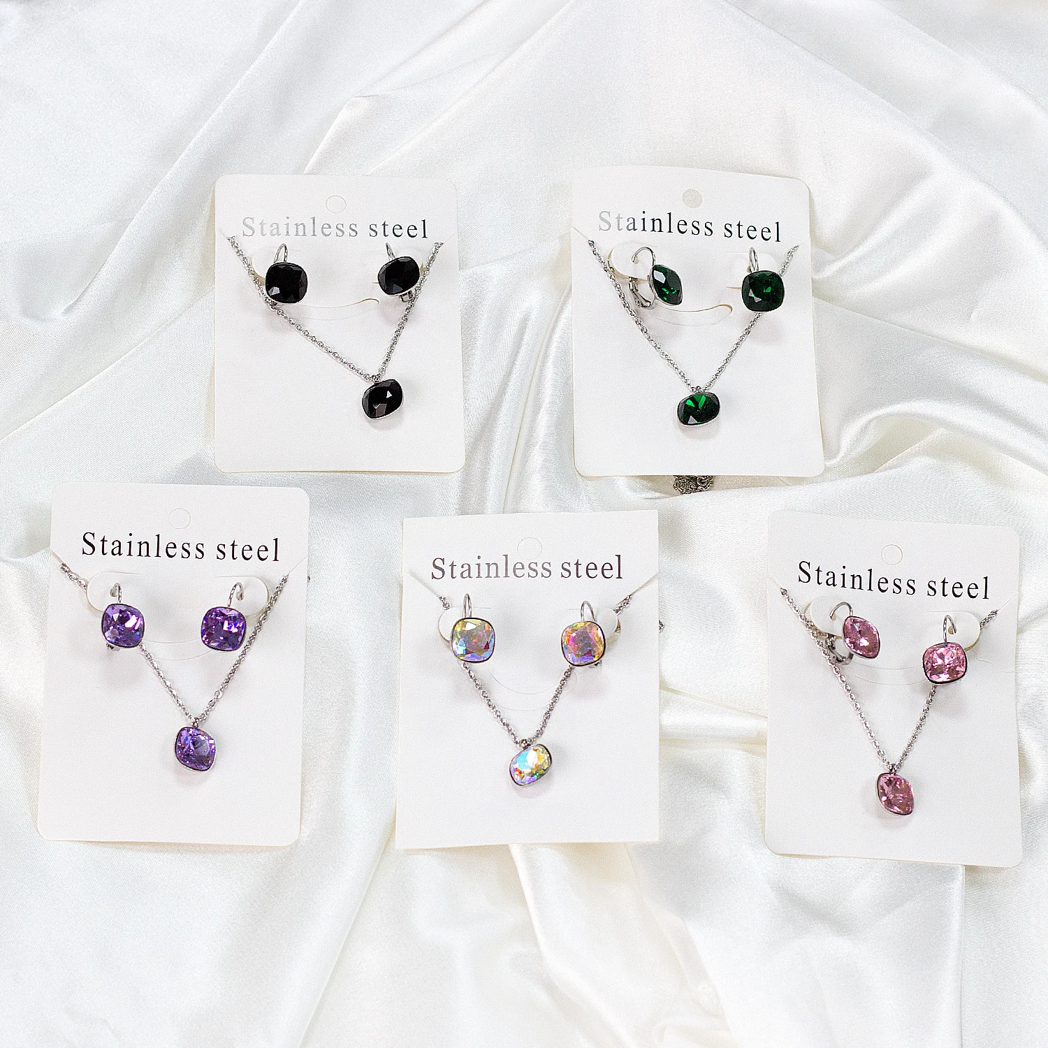 LUXUKISSKIDS Sqaure Cubic Zirconia Jewellery Sets Trendy Geomtric Multi-Colorful Shiny Crystal Necklace Earrings Set Wholesale