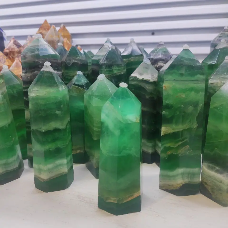 1pcs Natural Green fluorite obelisk quartz crystal wand point for healing