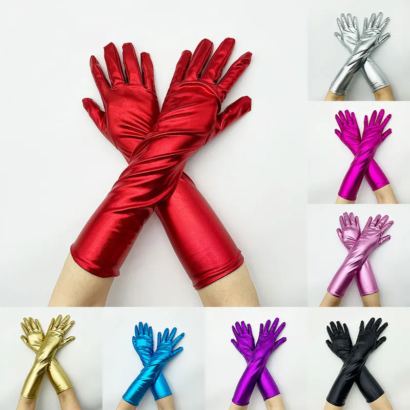 Guantes metálicos de cuero falso para mujer, manoplas sexys de látex, longitud hasta el codo, para fiesta de noche, color dorado y plateado