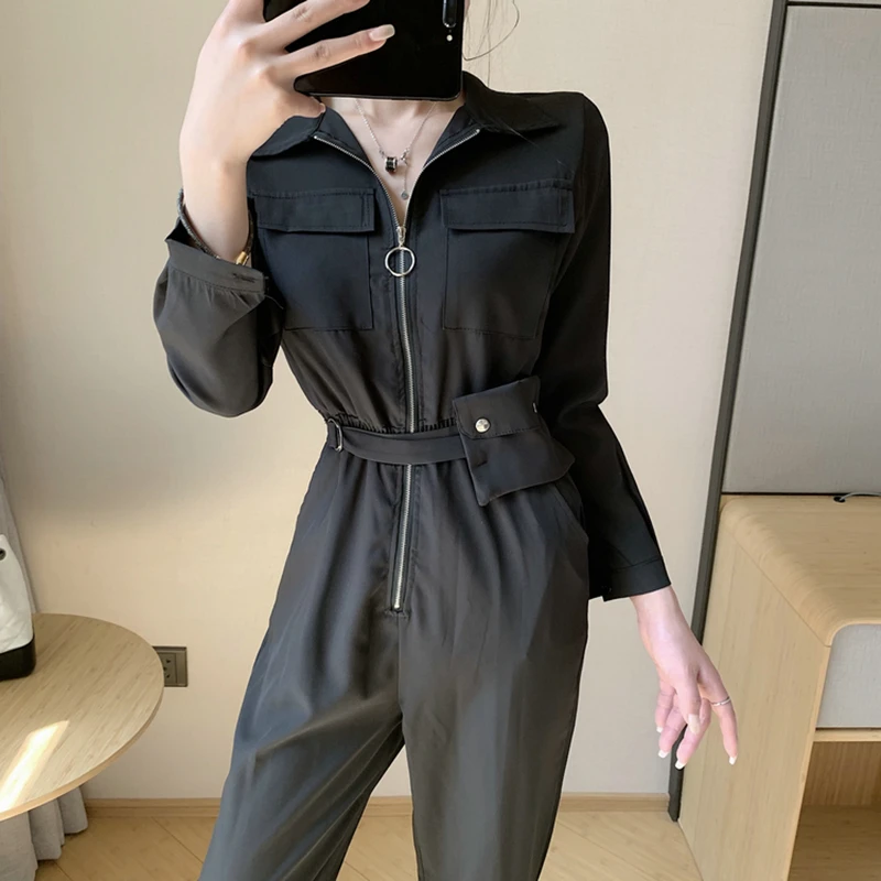 2021 Loose Casual Fashion Women Jumpsuits Romper Full Sleeve Safari Style Pocket Black Summer Overalls Streetwear Cargo Pants