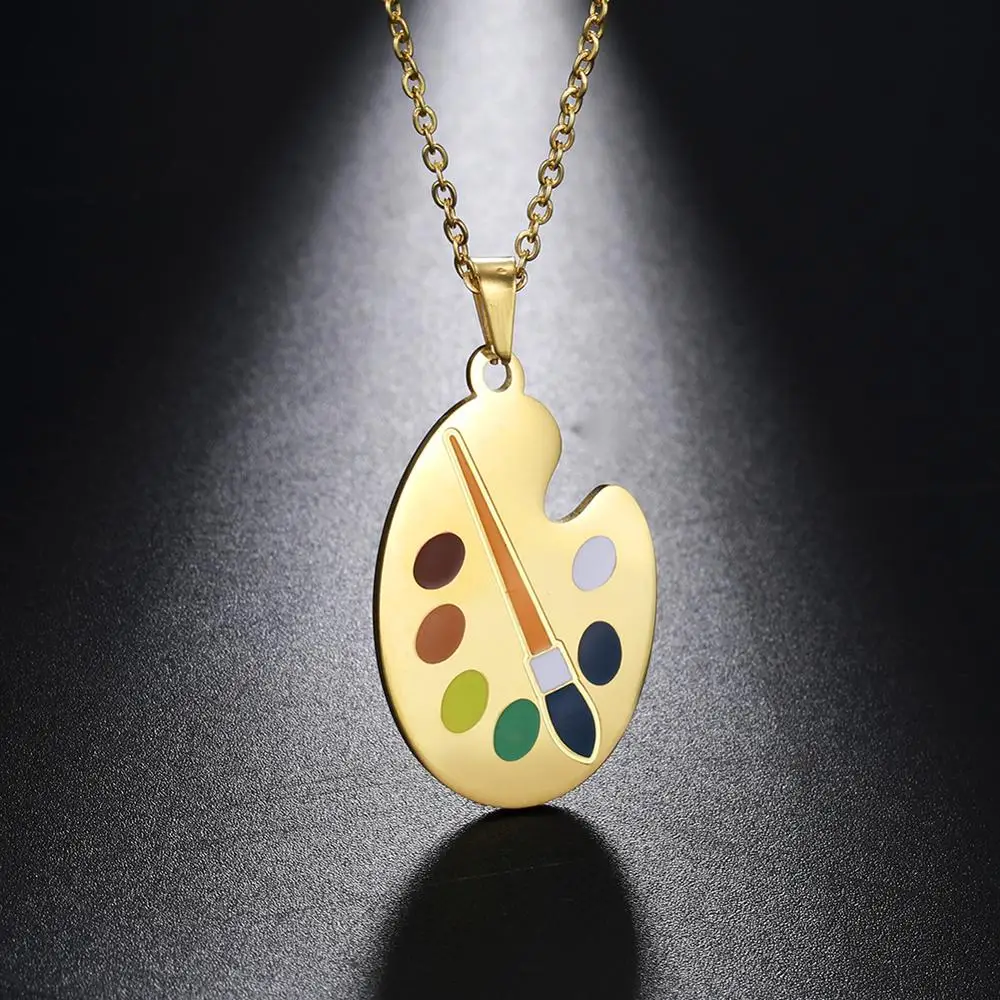 Skyrim Color Palette Pendant Necklace Stainless Steel Gold Color Artistic Paint Plate Necklaces Aesthetic Jewelry Gift for Women