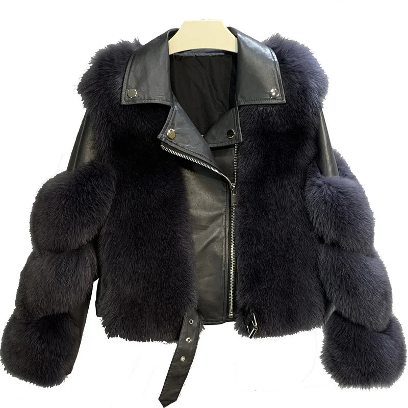 

2024 Whole piece skin real leather jacket women fox fur 100% real fur coat female motorcycle model leather fashion overcoat