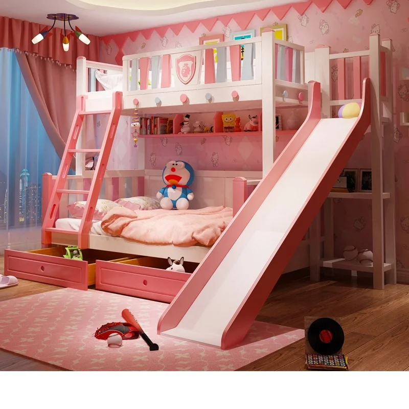 All solid wood mother bed with slide bed small apartment pink princess bed American children's high and low bed solid wood