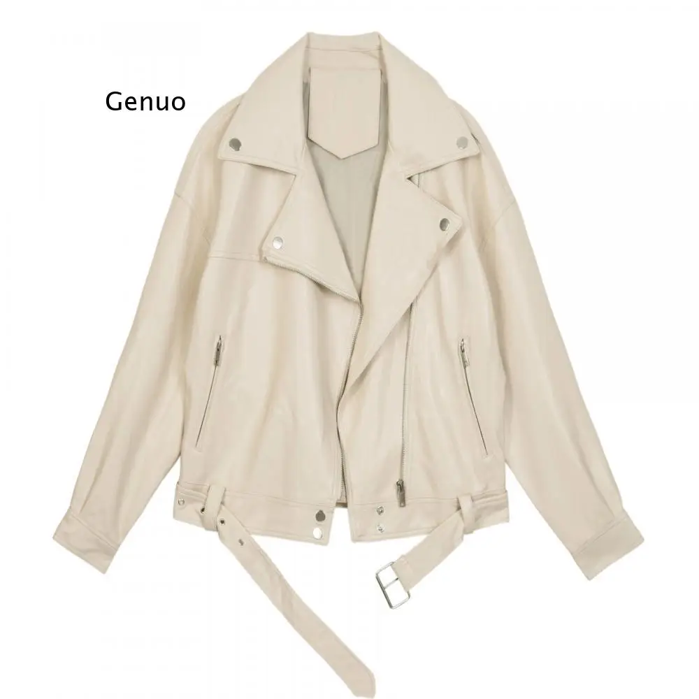 

2021 New Spring Women Pu Leather Motorcycle Jacket Female with Belt Solid Color Jackets Ladys Loose Casual Jacket