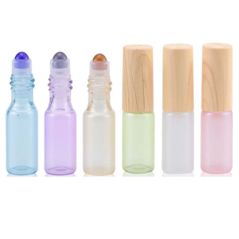 

1000pcs 3ml 5ml Wood grain cap Gemstone roller Ball bottles 10ml Bright color Empty glass Essential Oil bottle