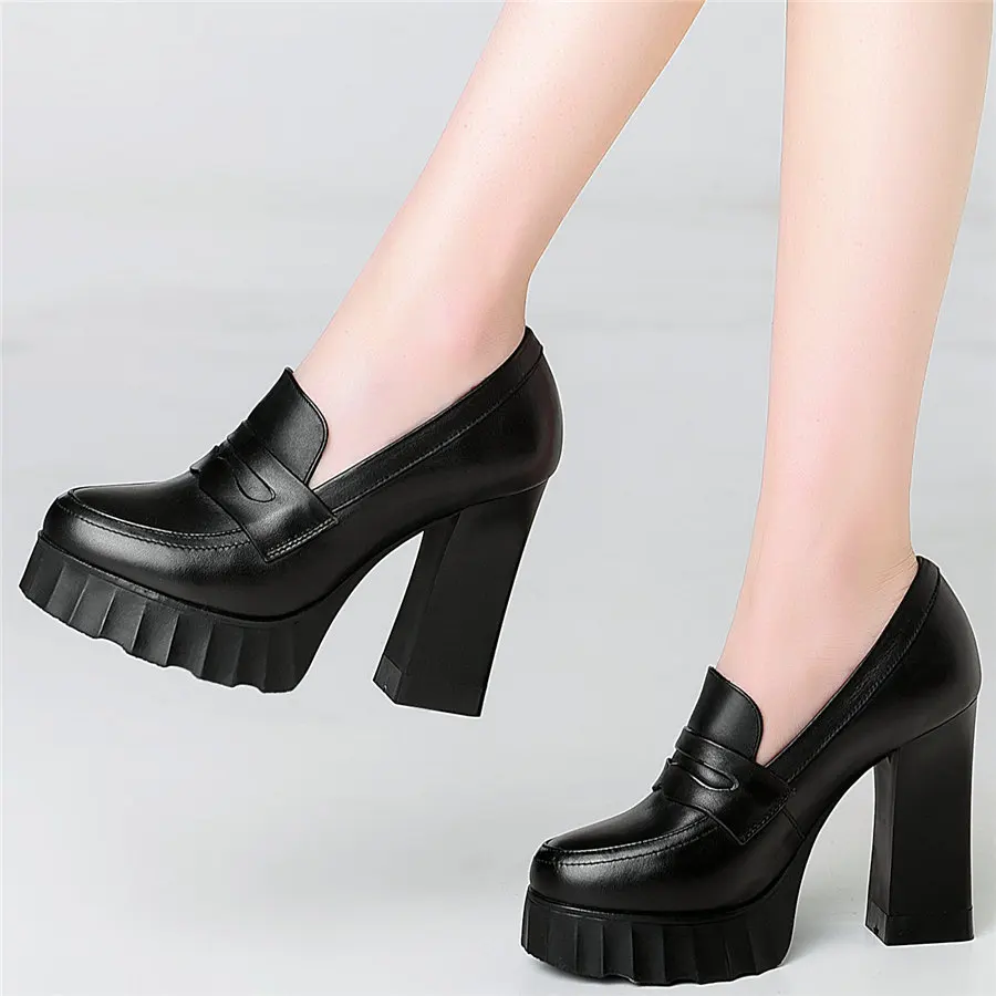 Chunky Platform Pumps Shoes Women Genuine Leather High Heel Ankle Boots Female Low Top Round Toe Mary Jane shoes Casual Shoes