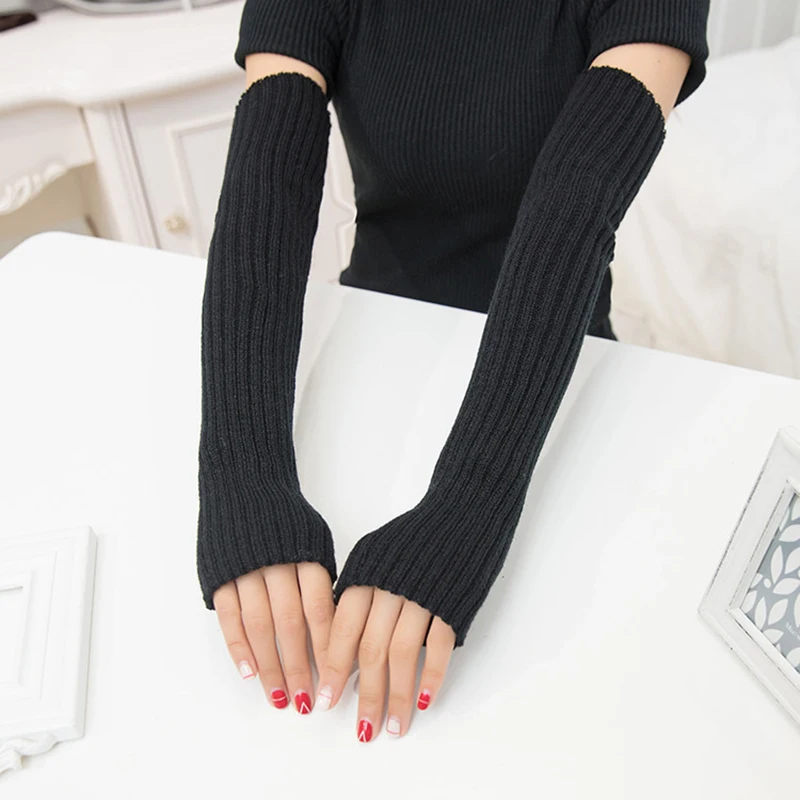 Autumn Winter Women Arm Warmers Knitted Woolen Arm Sleeve Fine Long Knitted Fingerless Gloves Warm Riding Soft Female Gloves